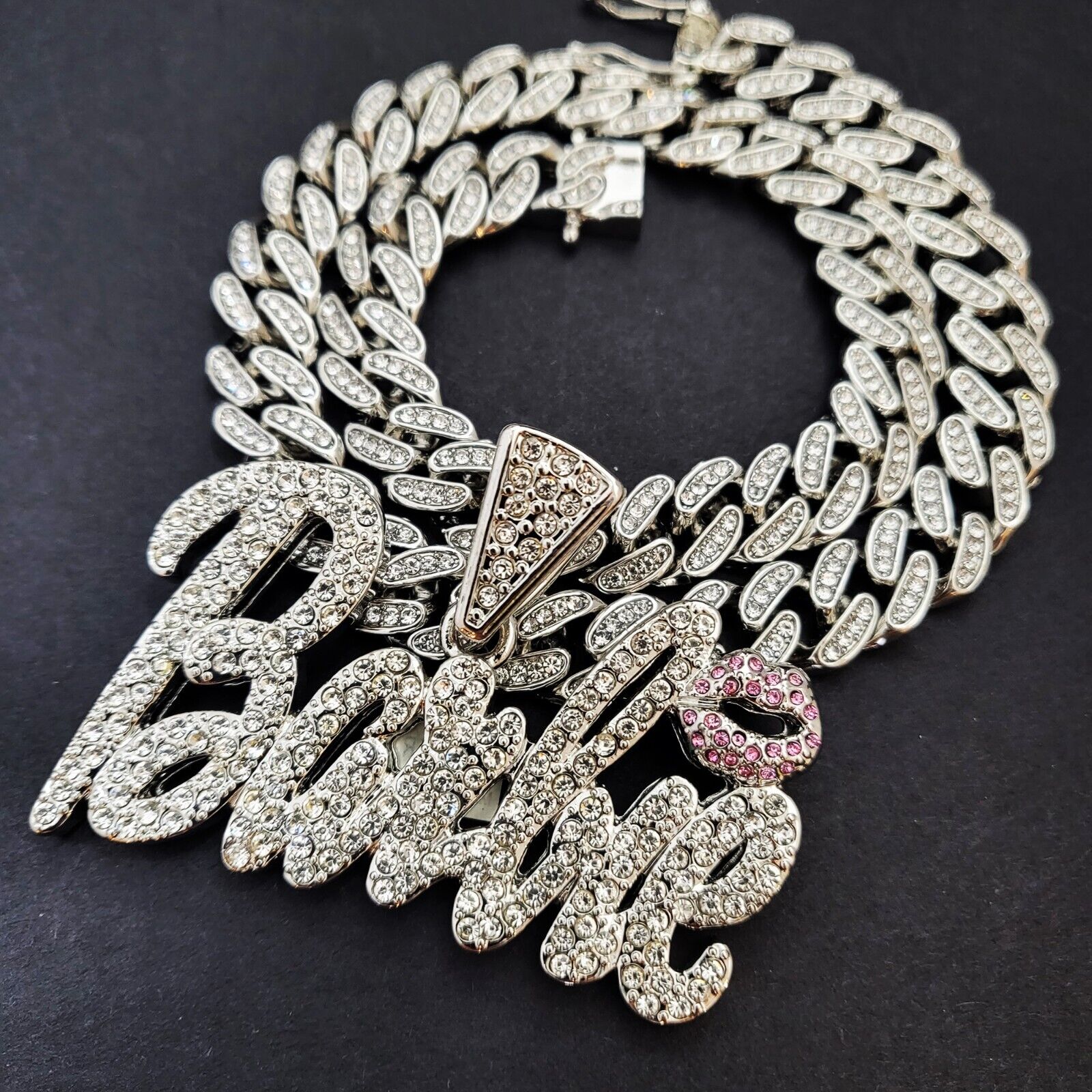 Women Gold Plated Large Barbie Charm & Iced Cubic Zirconia Cuban Chain Necklace