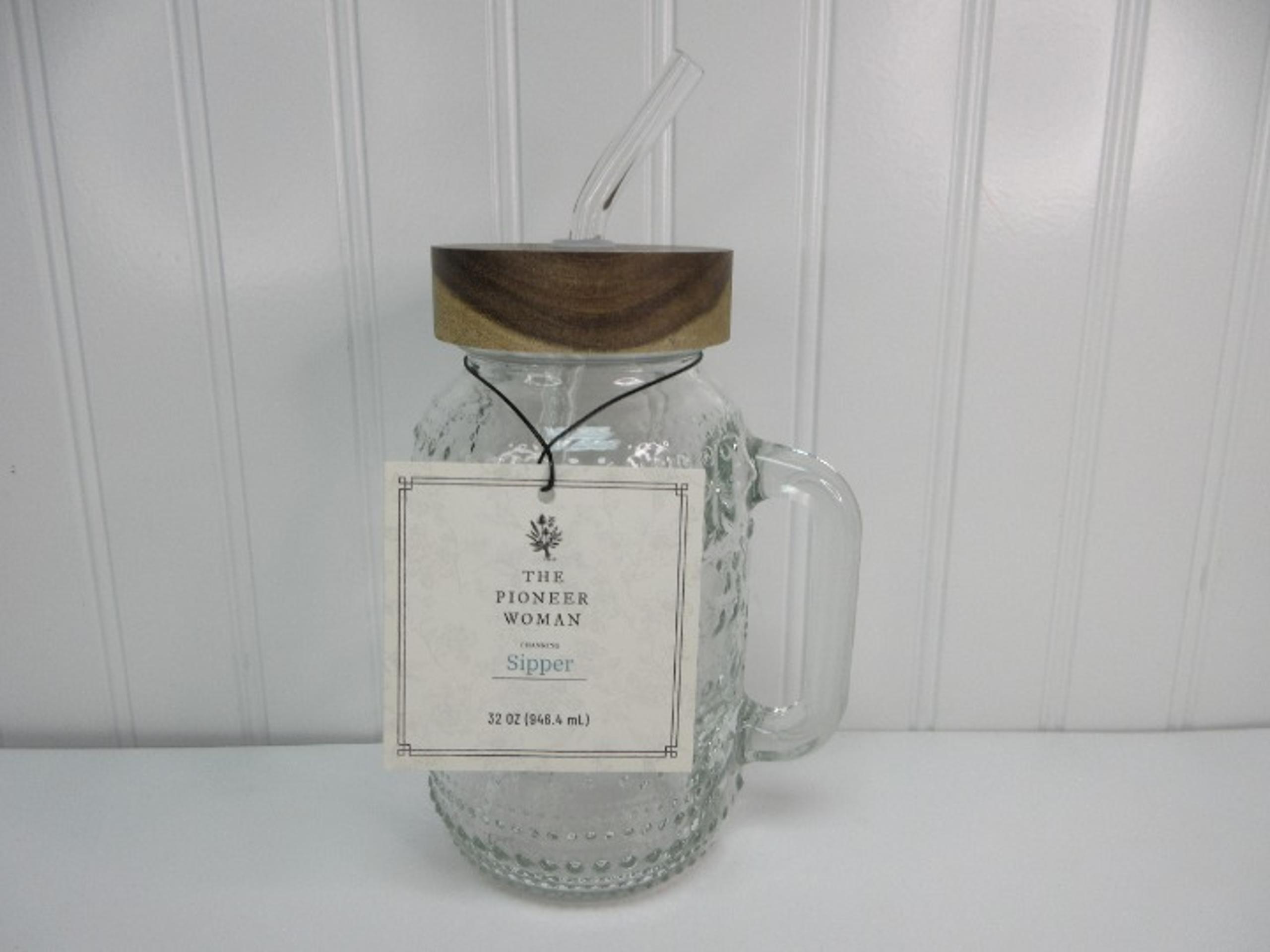 Pioneer Woman Channing Embossed Glass Tumbler Sipper Wood Lid&Straw Clear 32oz