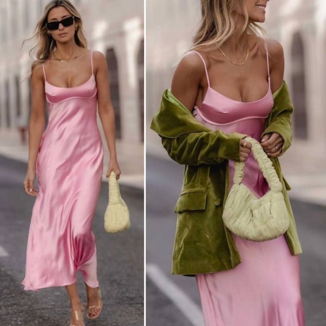 NEW Blogger Fave Viral TikTok Zara Pink Satin Cutout Scoop Neck Midi Slip Dress