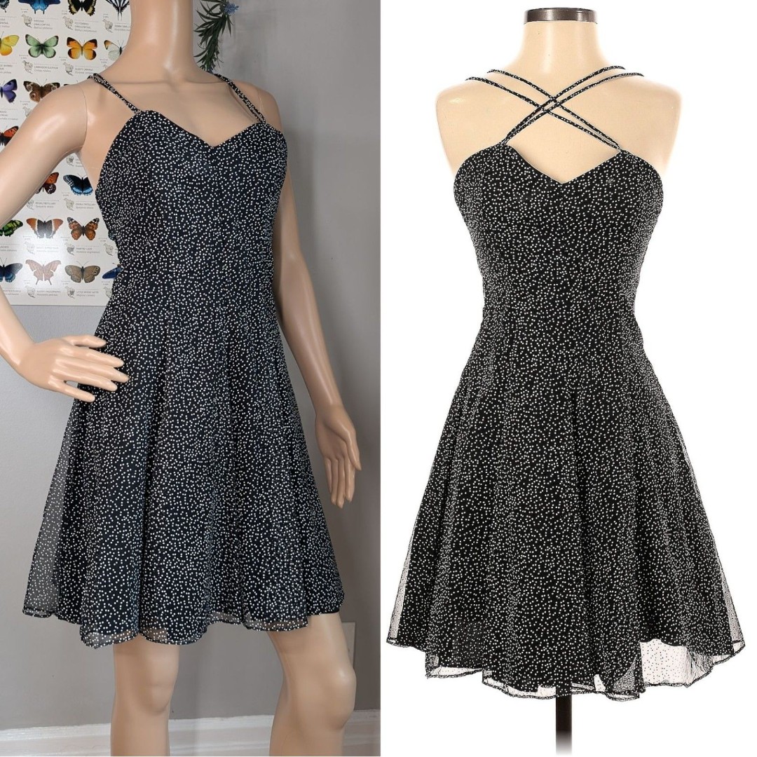 Vintage 90s Upbeat Mini Dress Polka Dot Fit and Flare Strappy Rockabilly 3-4