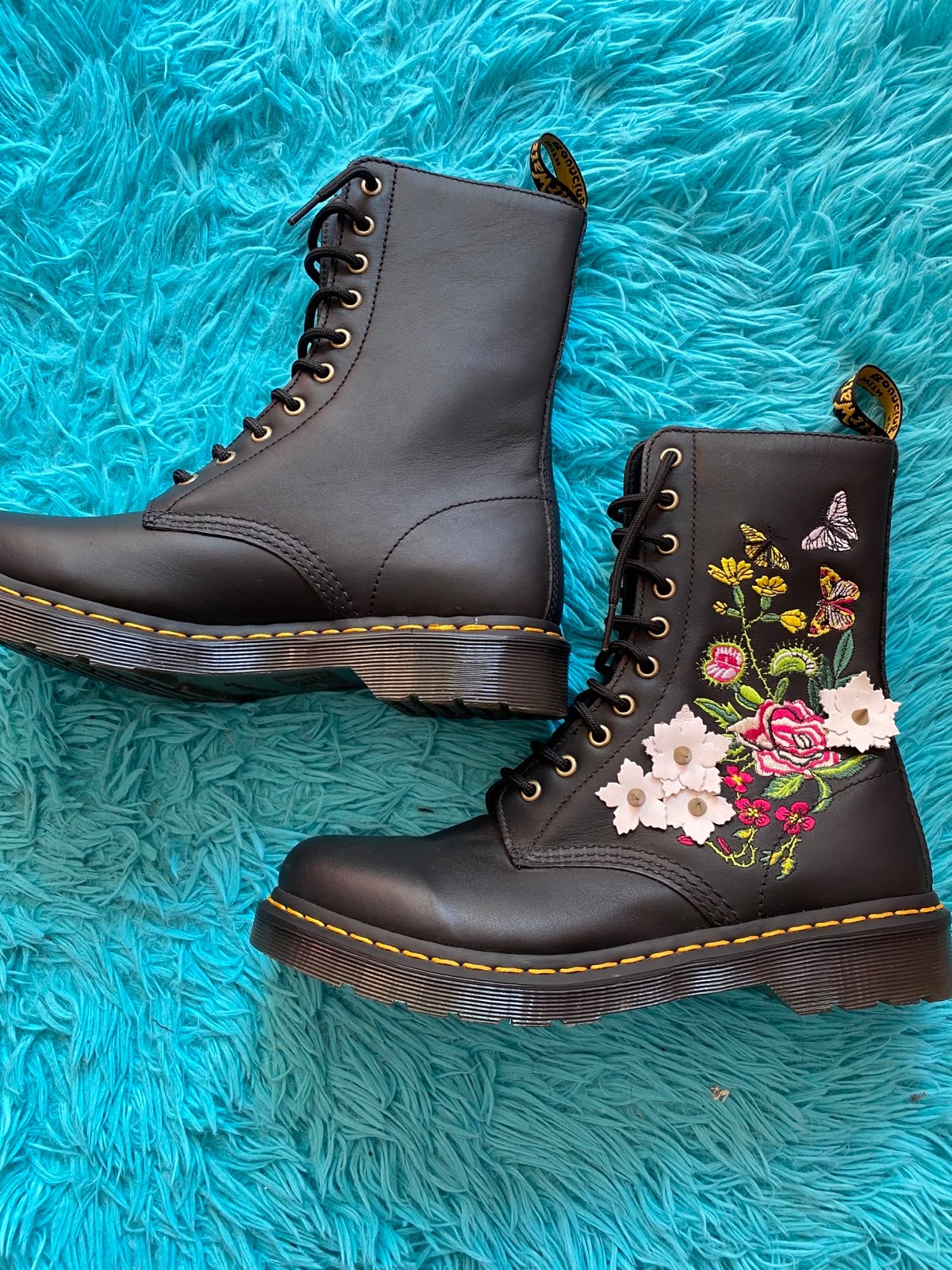 1490 Floral Bloom Leather Mid-Calf 10 Eye Doc Martens Boots With Spikes Size 10