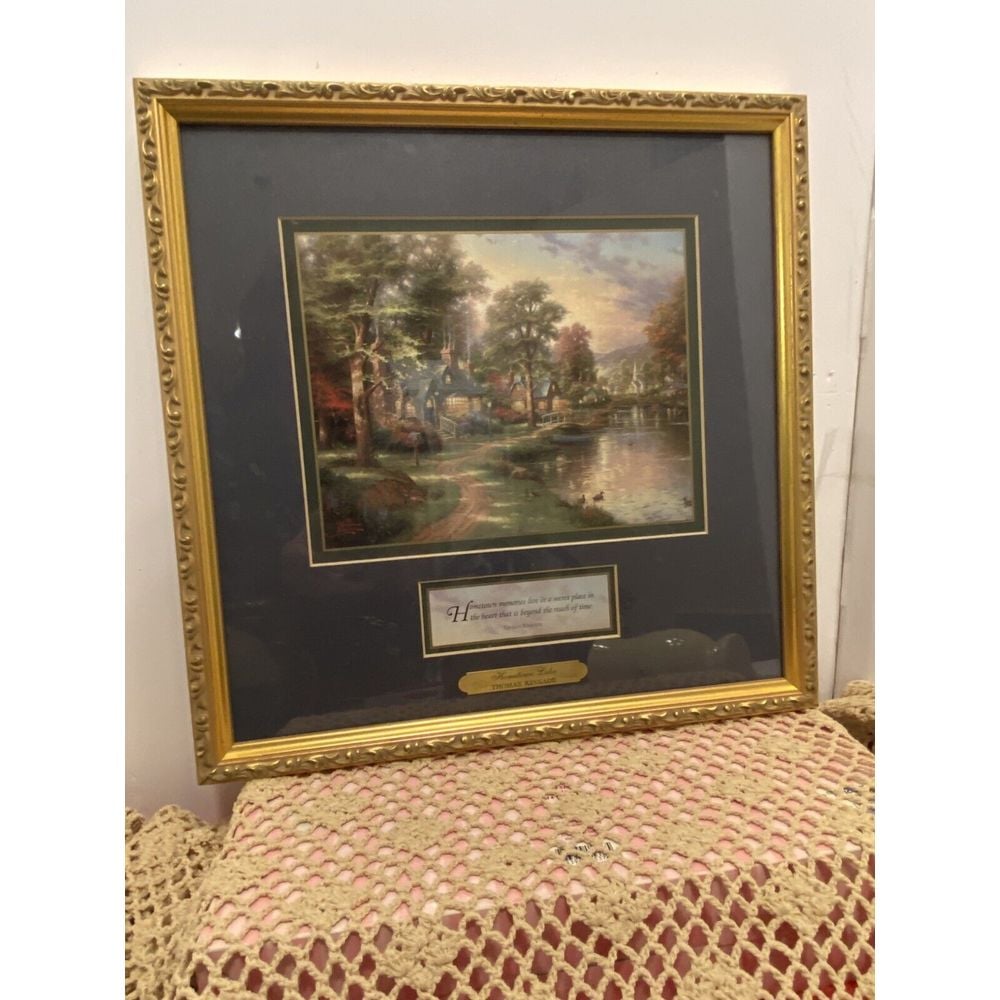 HOMETOWN LAKE Thomas Kinkade PICTURE FRAMED ART 14 X 14 1999 Authentic
