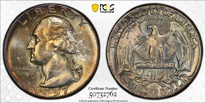 1957 WASHINGTON QUARTER 25C TYPE B REV FS-901 PCGS MS65 UNCIRCULATED TONED (Q45)