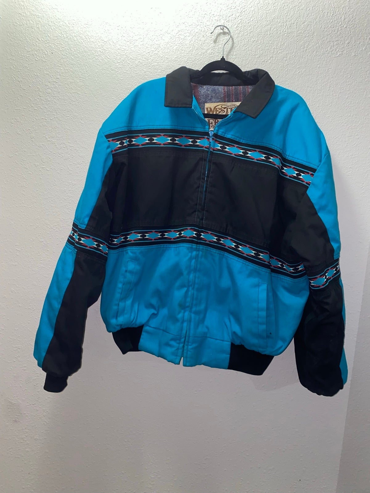VTG Western Frontier Aztec Turquoise/Teal Print Wool lined jacket