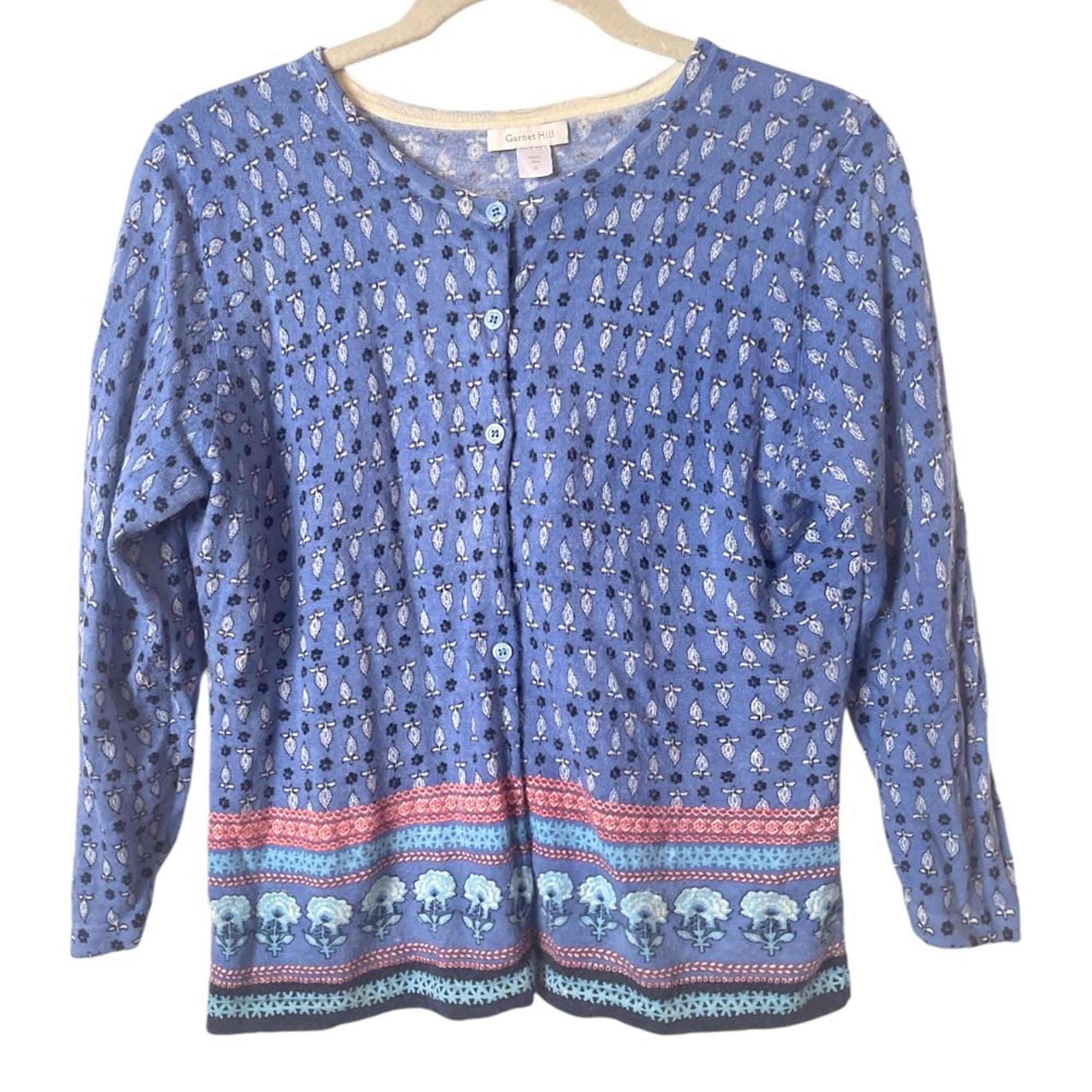 Garnet Hill Blue Pink Block Print Merino Wool Button Front Cardigan Sweater M