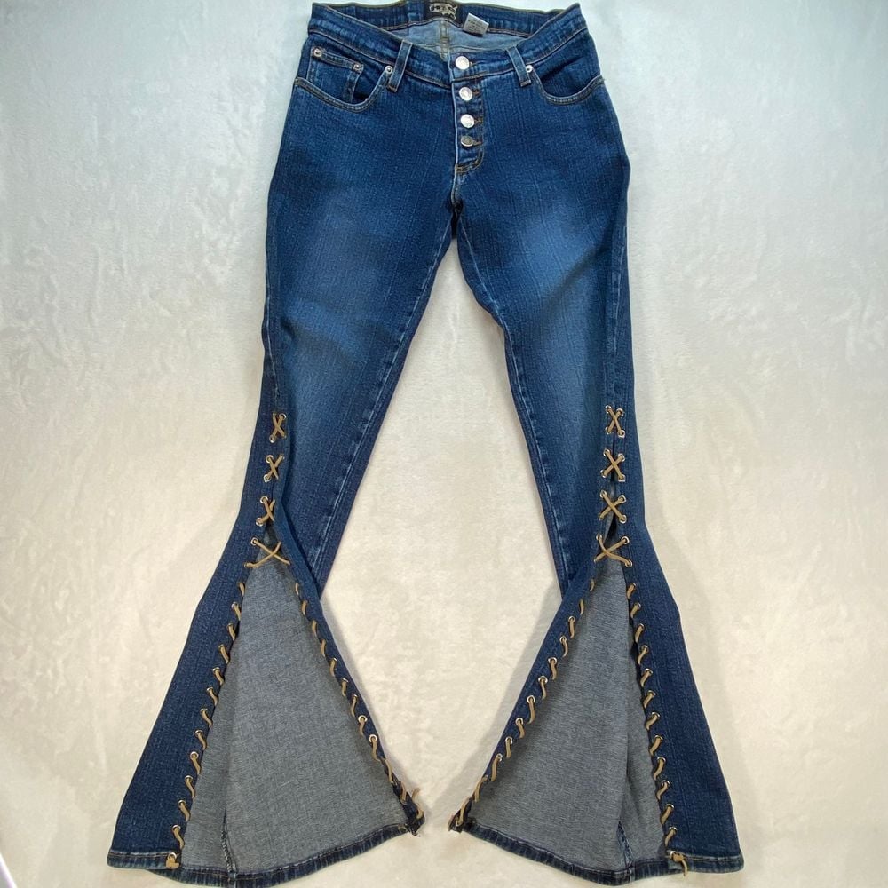 HNG Jeans Sz 7 Lace Up Bell Bottom Flare Y2K Boho Festival Retro Custom Made USA
