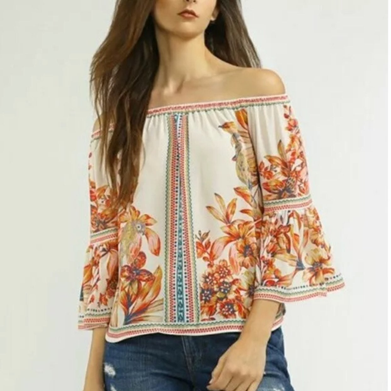 Jealous Tomato Floral Border Off the Shoulder Top Blouse Magenta Pink Plus XL 1X Jealous Tomato Floral Border Off the Shoulder Top Blouse Magenta Pink Plus XL 1X