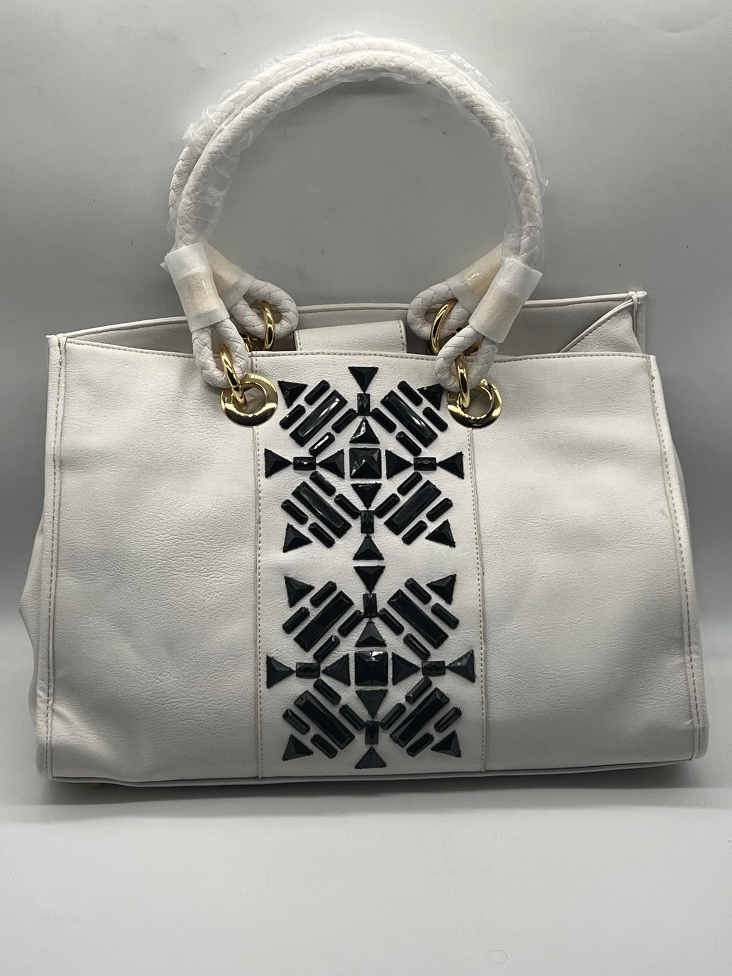 IMAN White Leather Tote Black & Gold Details with Dustbag