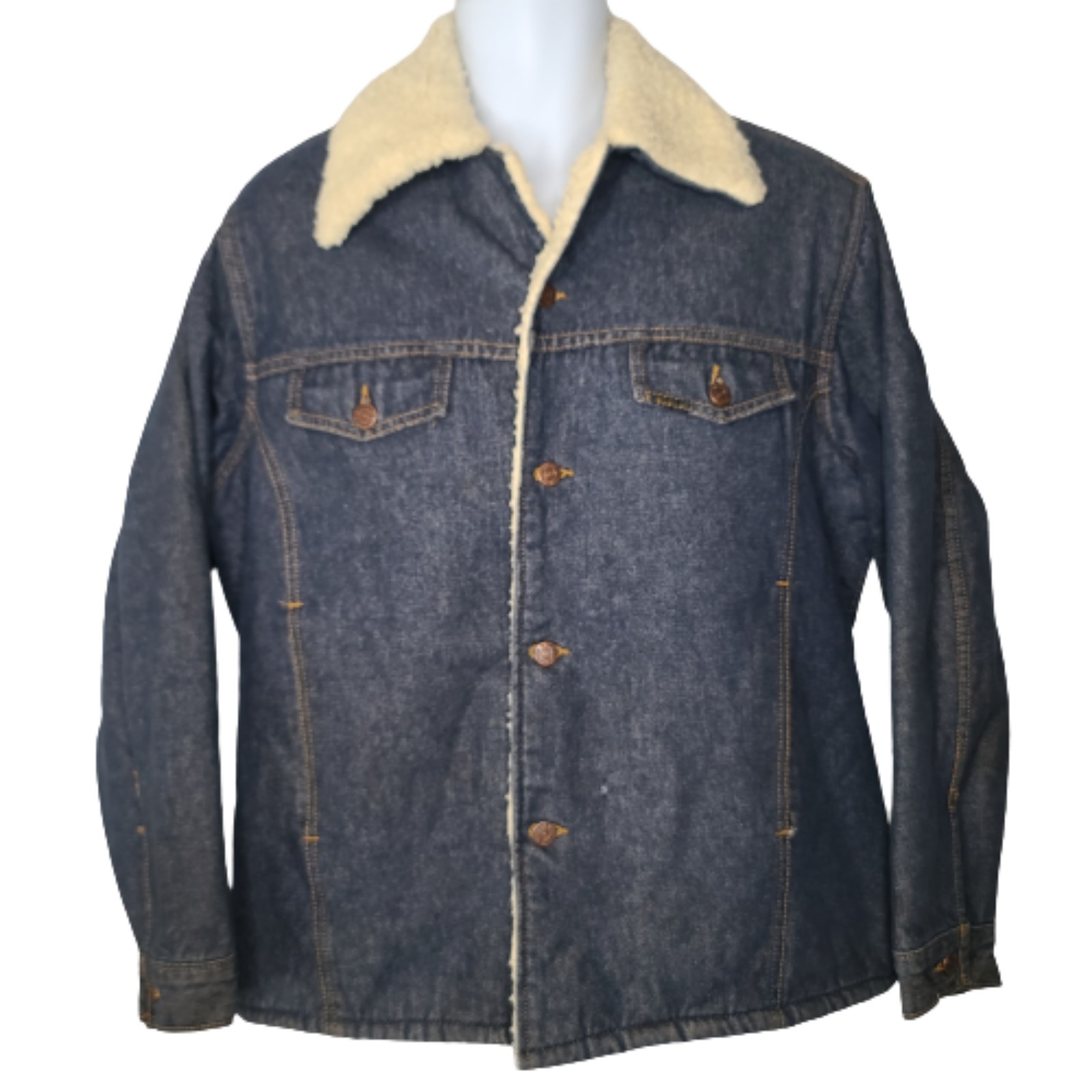 Sears Roebuck 46 Regular Sherpa Lined Denim Jacket Blue Button Down Vintage
