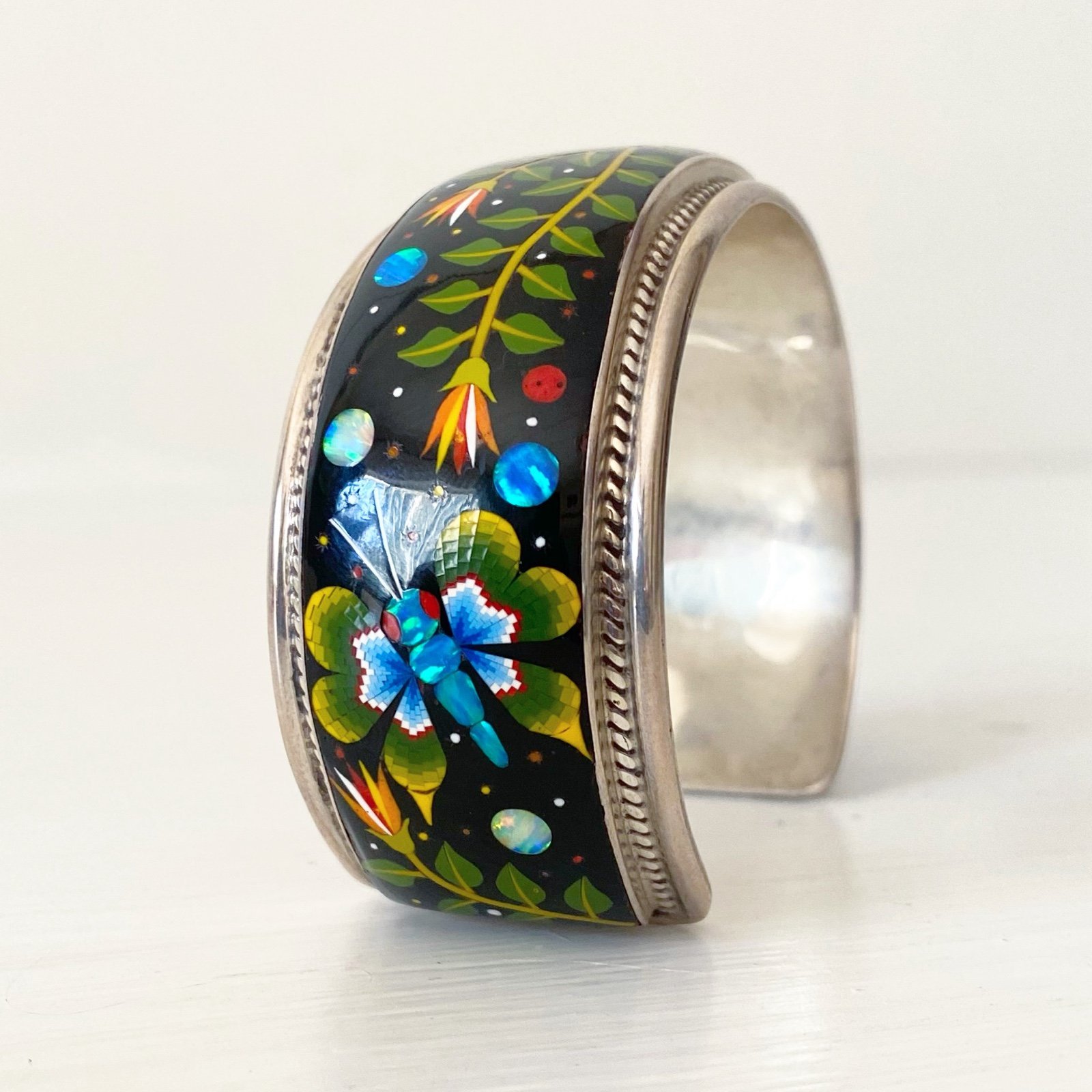 Vintage Navajo Sterling Mosaic Inlaid Stone Butterfly Cuff Bracelet