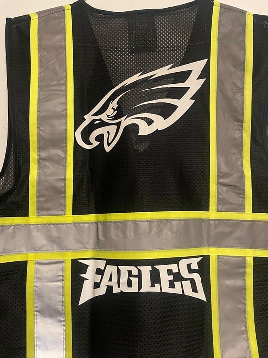 PHILADELPHIA EAGLES WORK SAFETY VEST W/SILVER HTV CUSTOM LOGO M/L/XL/2XL