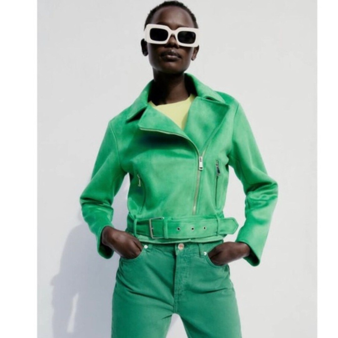 NWOT ZARA Faux Suede Moto Jacket, Apple Green Size M