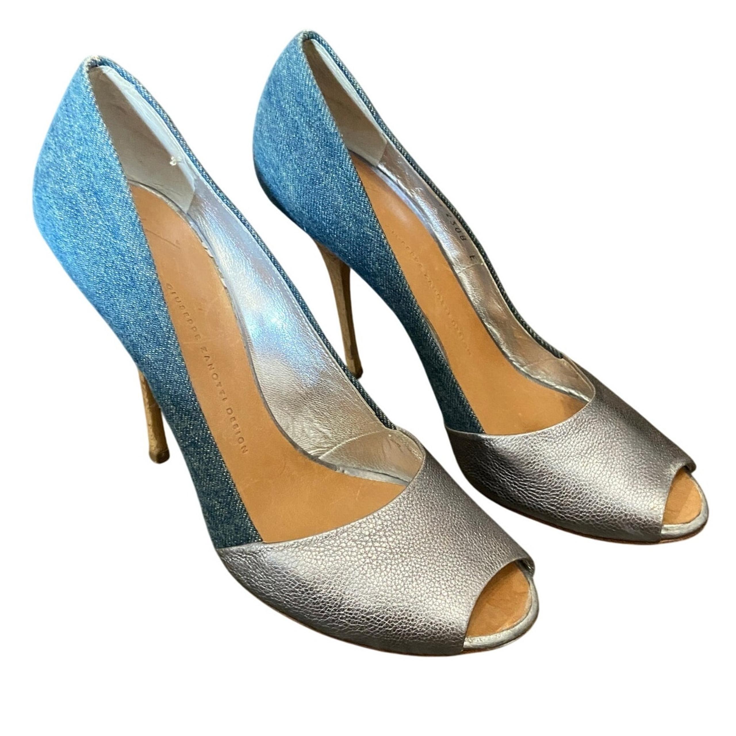 Giuseppe Zandotti Women's Size 9.5 Blue Denim & Silver Koka Peep Toe High Heels