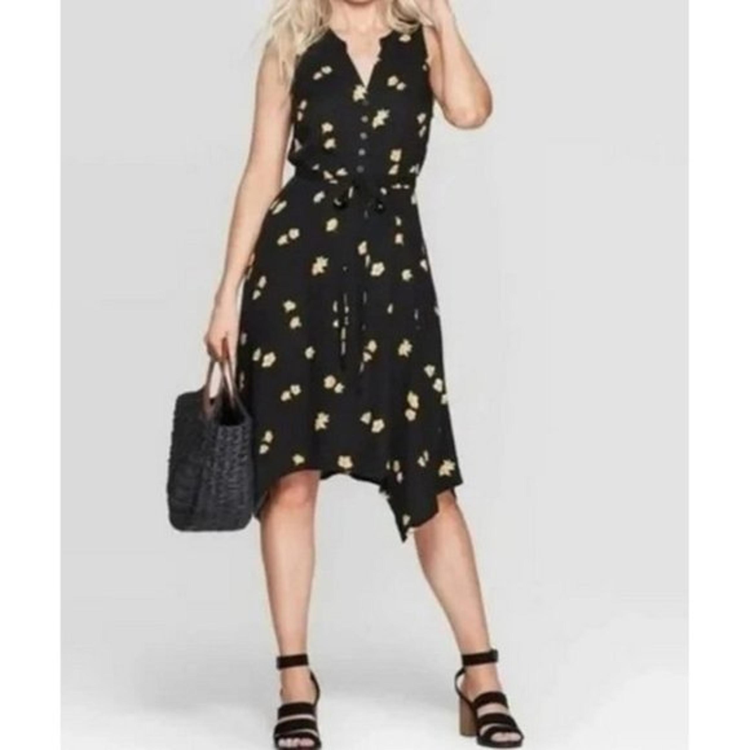 KNOX ROSE Black Floral Dress Belted Women’s XXL Yellow Sleeveless Hi-Low Flowy
