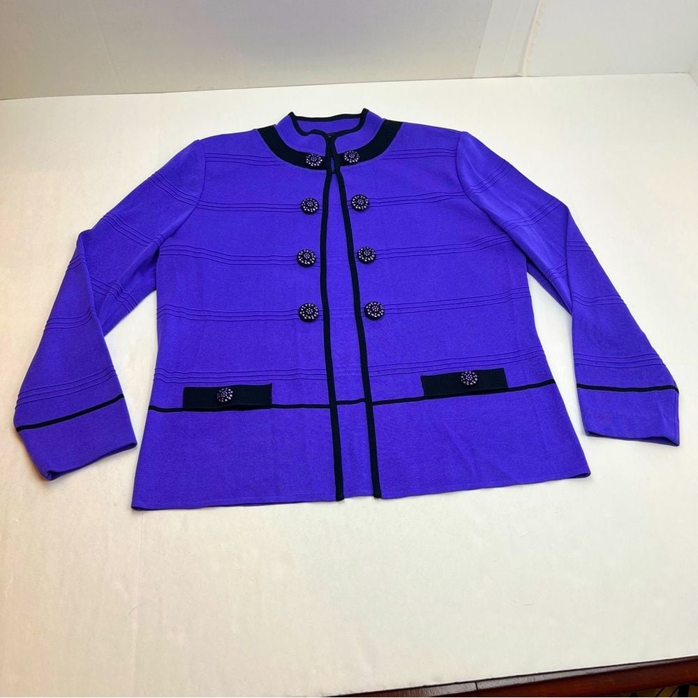 Ming Wang Purple Black Open Front Jacket Women Size Medium Stretch Preppy Office