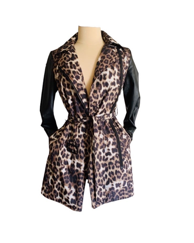 Cache Leopard Print With Faux Leather Sleeves Trench Coat XS