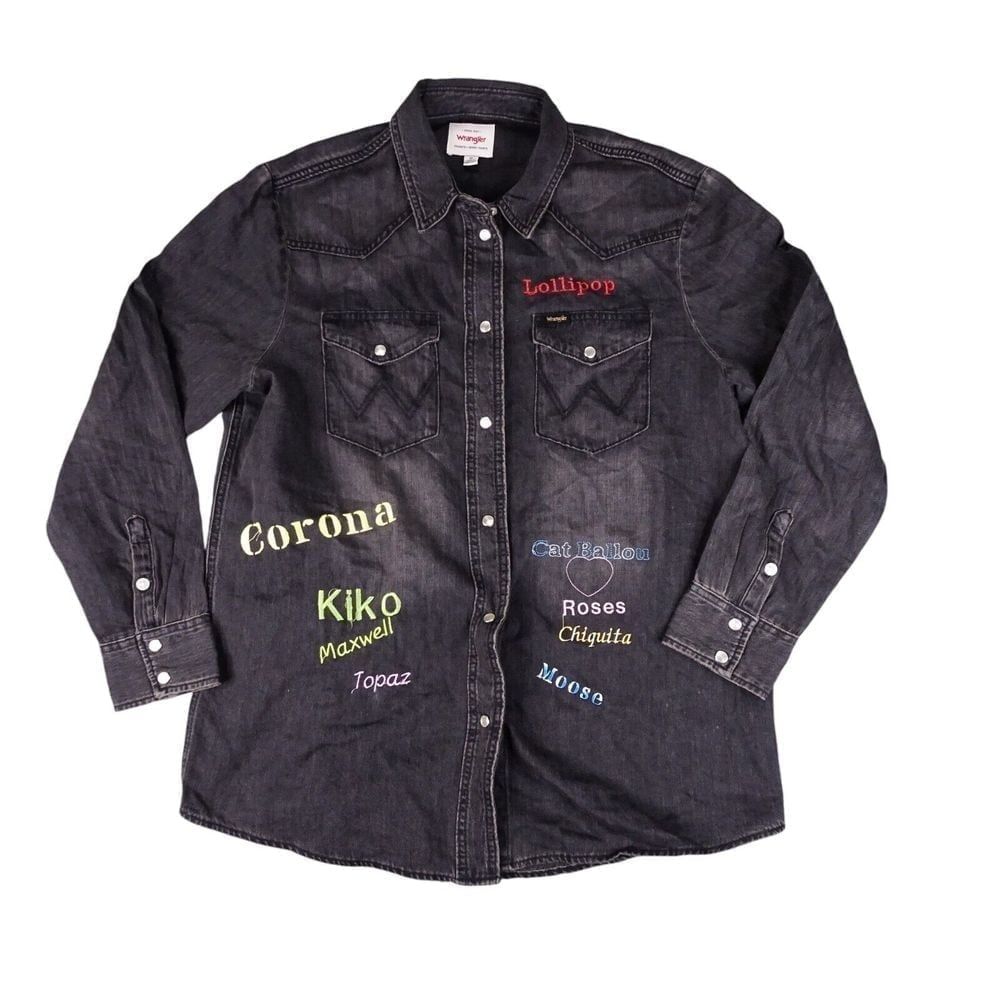Wrangler Shirt Womens Medium Black Denim Pearl Snap Rock And Roll Embroidered