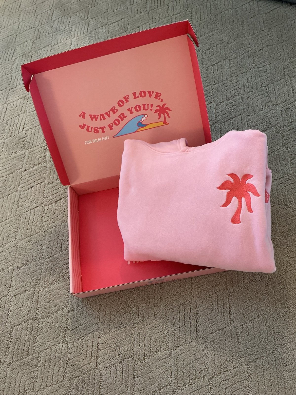 Everything Comes In Waves Pink Palm Puff Hoodie Authentic XXS
