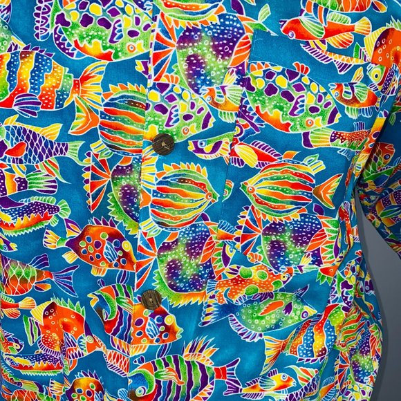 Toucan Dance Tropical Fish Hawaiian Shirt L VTG