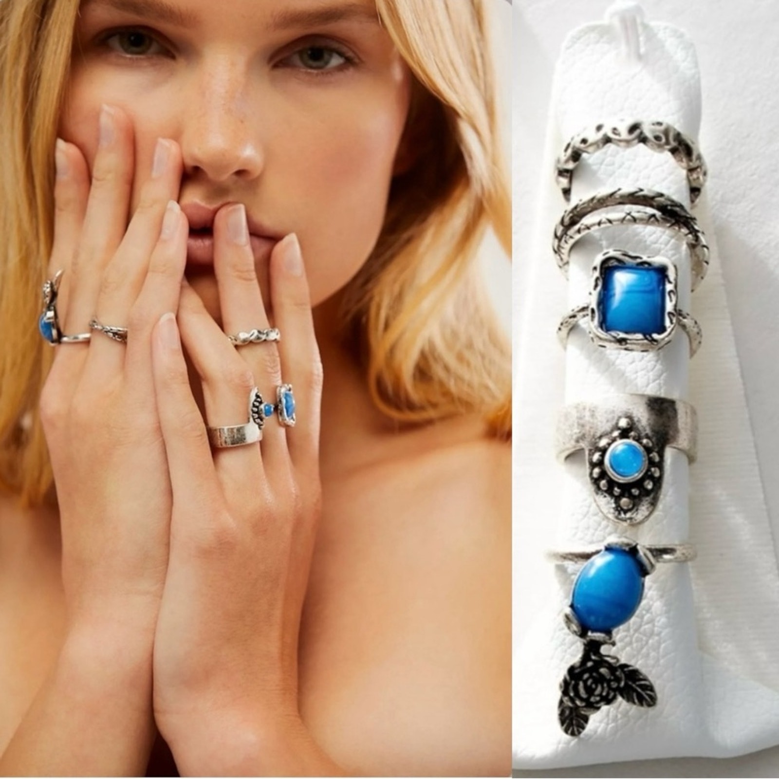 Free People Morning Meadow Ring Set Silver Blue NWT Bohemian Stackable Gypsy
