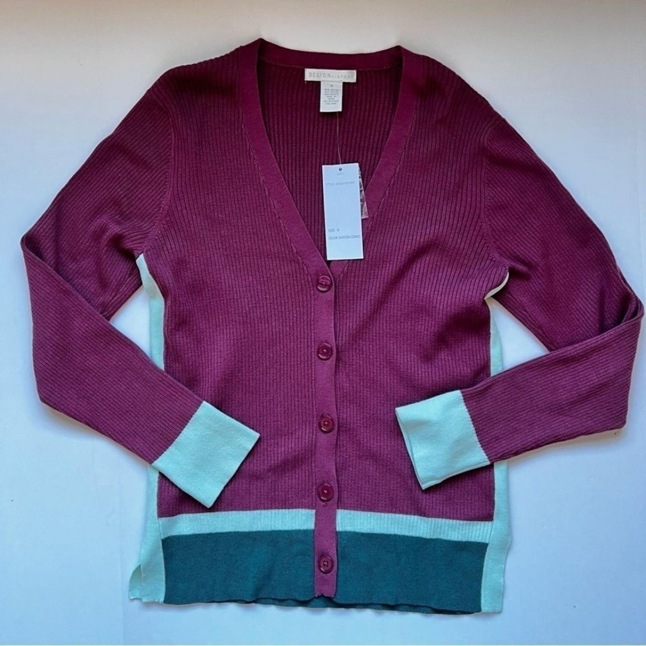 Design History Button Down Magenta Green Cardigan Sweater Size Medium NWT
