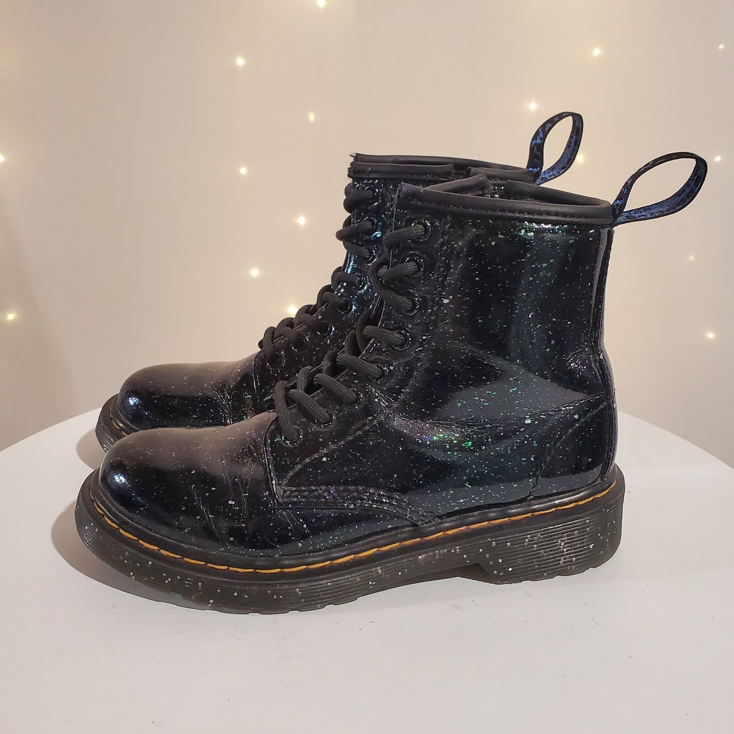 Dr Martens Youth 1460 Patent Leather Glitter Lace Up Combat Boots Size 13 Black