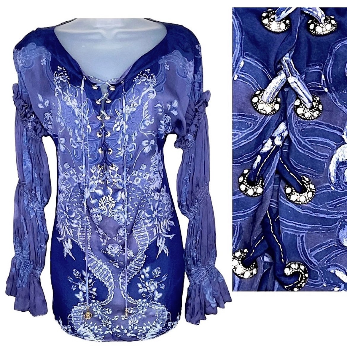 Roberto Cavalli Diamond Lace Up Plunge Neck Floral Ruffle Silk Blouse Blue M 44