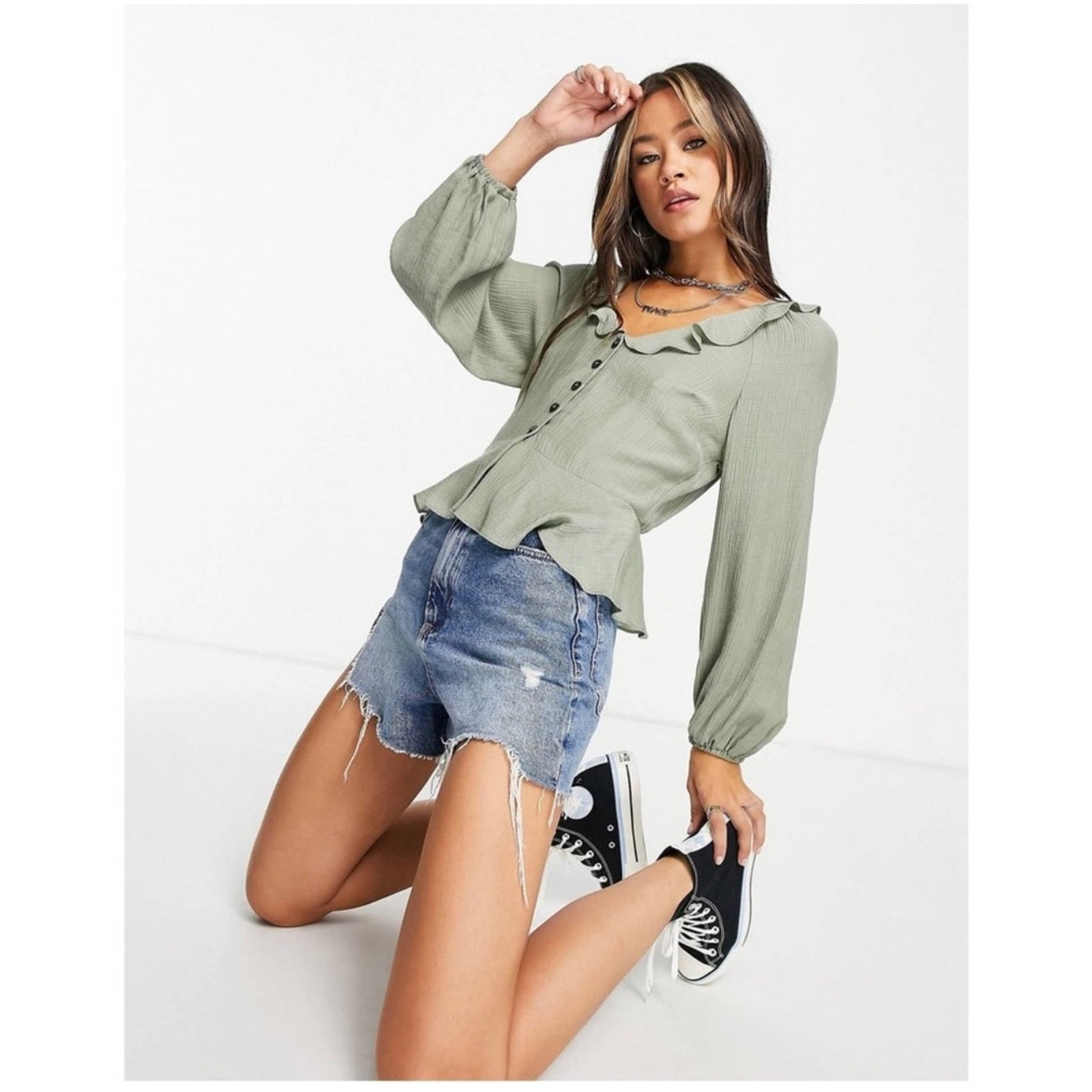 NWT Topshop plain frill neck peplum top in khaki