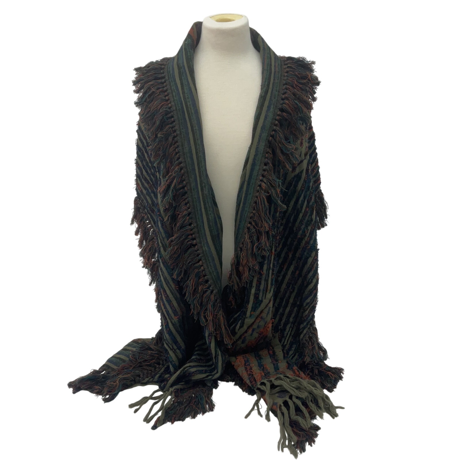 Frye Wool Scarf Green & Blue Winter Knit Fringe Warm Preowned Women's Scarf