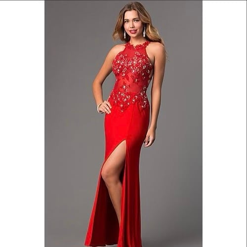 DANCING QUEEN Red Mesh Lace Cutout Gemstone High Neck Formal Prom Gown Dress