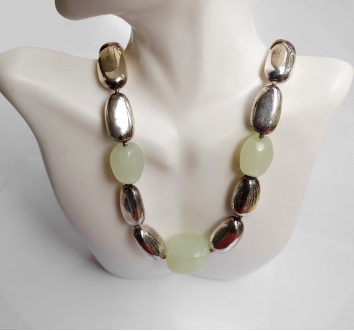 Sterling Silver Balloon Jade Link Necklace Signed Vintage