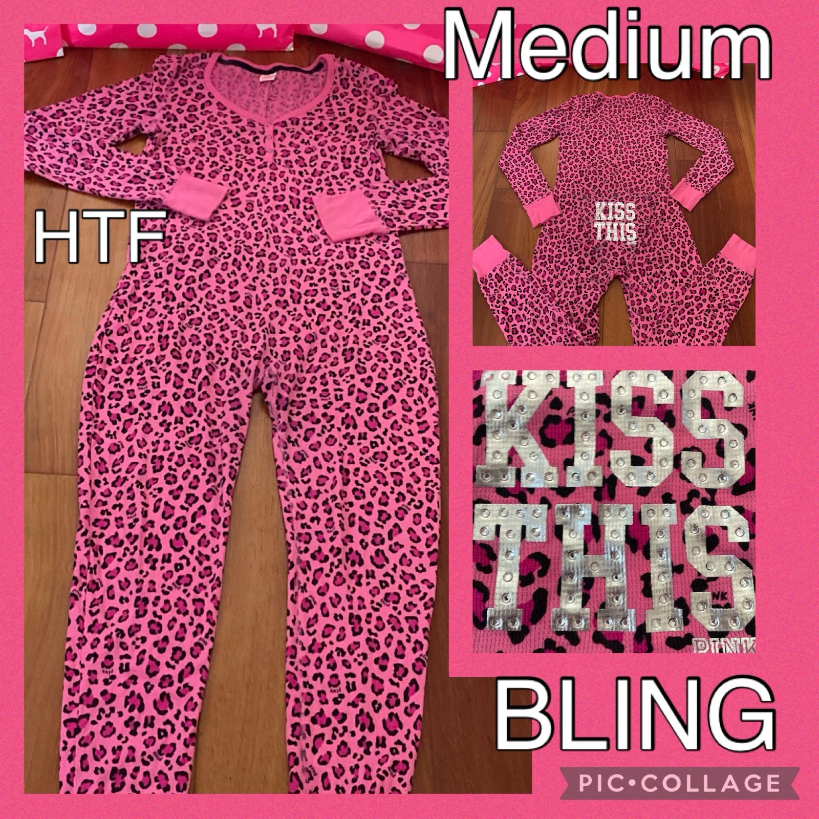 VS PINK BLING Hot Pink Leopard KISS THIS Onesie Pajamas - LARGE - VHTF