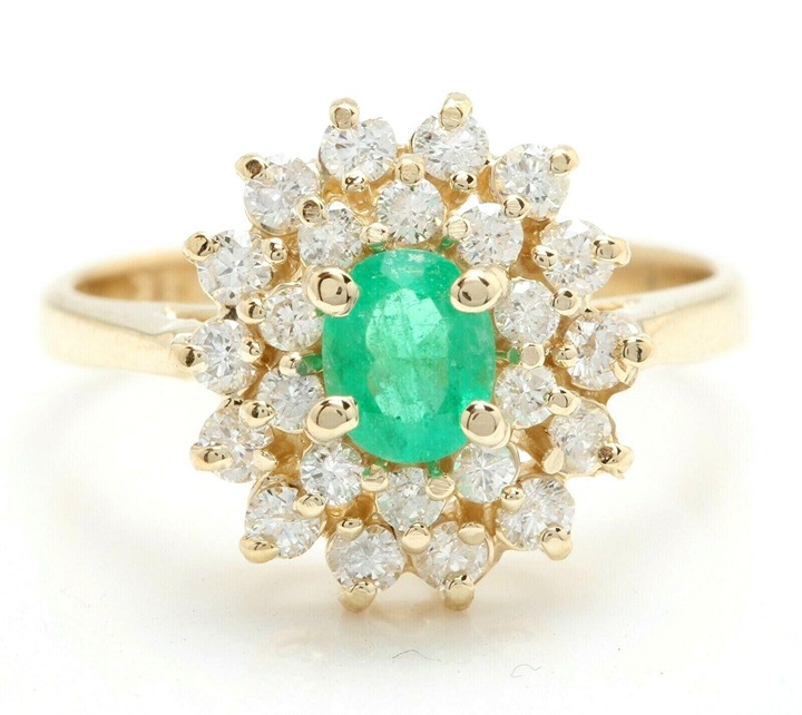 1.20Ct Natural Oval Green Emerald & Diamond Halo Solitaire Ring 14k Yellow Gold