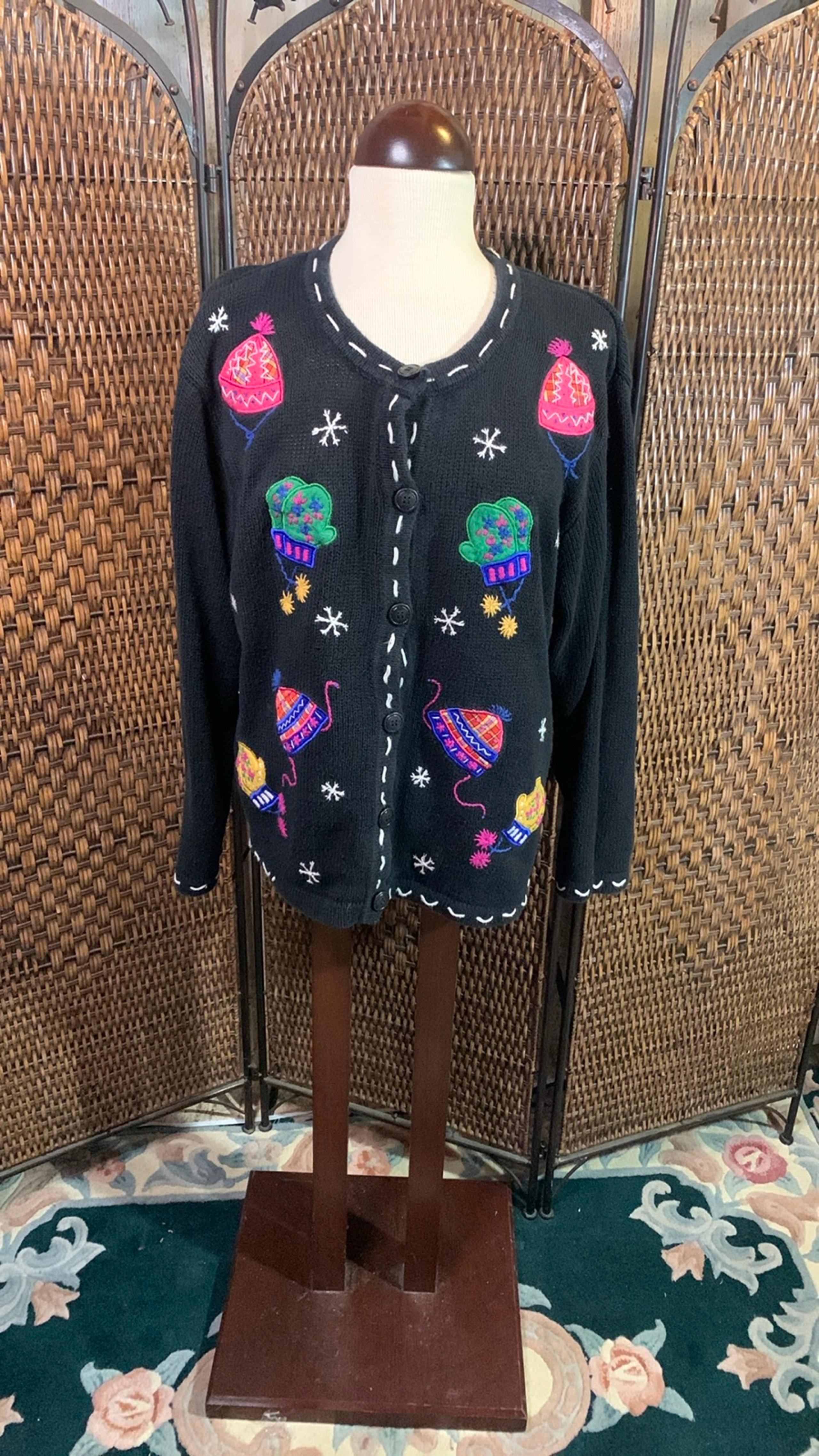 Vintage Bobbie Brooks Embroidered Mittens & Hats Cardigan Sweater Size XL. In gr