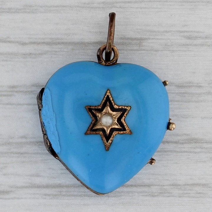 Antique Pearl Enamel Resin Puffy Heart Locket Pendant Silver 10k Gold Charm
