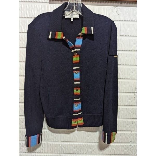 St John Sport Women's Size P Navy Blue Cardigan Colorful Striped Trim