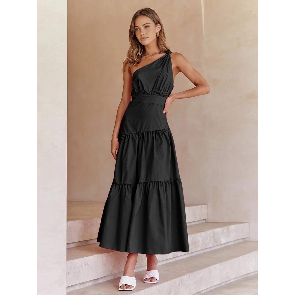 Commense One Shoulder Tiered Maxi Dress Elegant Party Cocktail Dress Size M