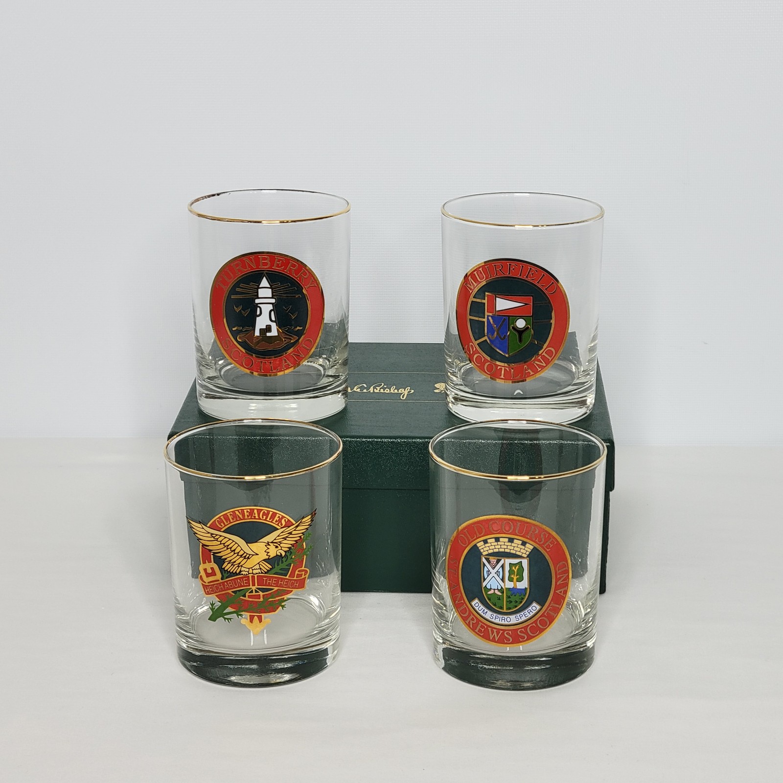 Set of 4 Richard E Bishop Scotland Golf Lowball Glasses 4 x 3.25 w Storage Box