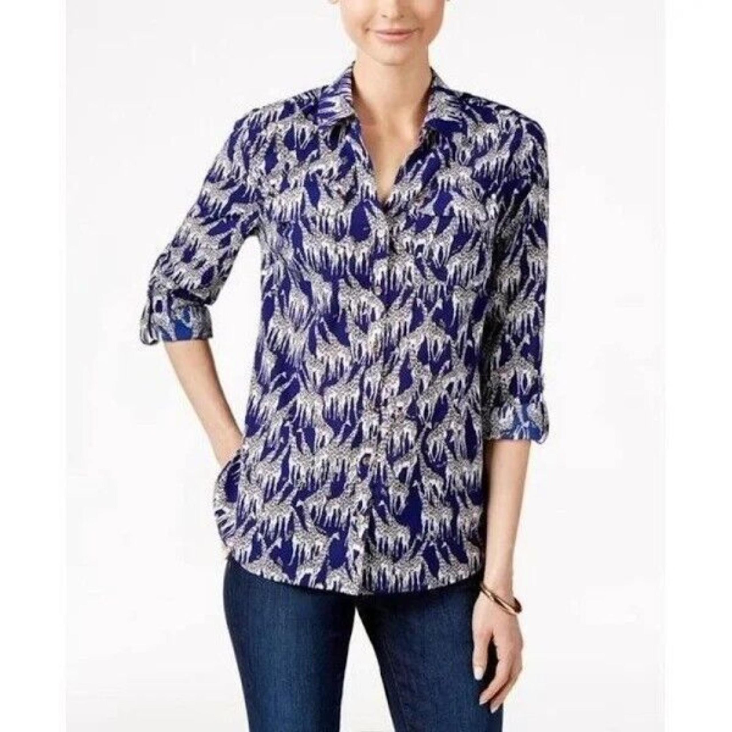 Charter Club Giraffe Print Button Down Blouse Petite Small Blue