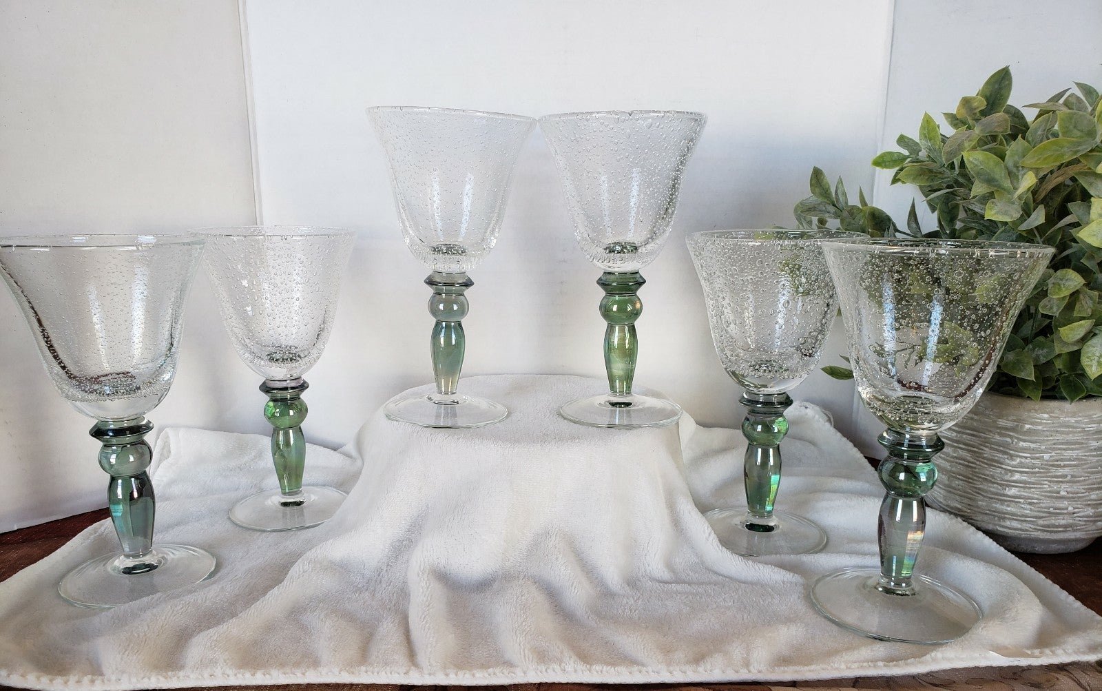 Pottery Barn Set of 6 Handblown Wine Glasses Green Iridescent Stems Bubbles