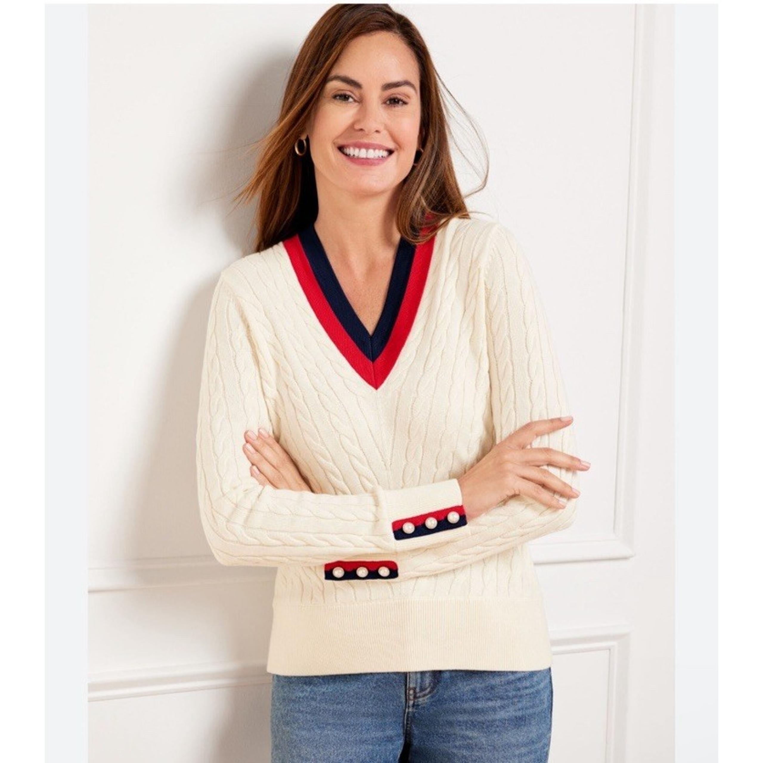 Talbots CHEVRON CABLE V-NECK SWEATER Cream color Petite XL