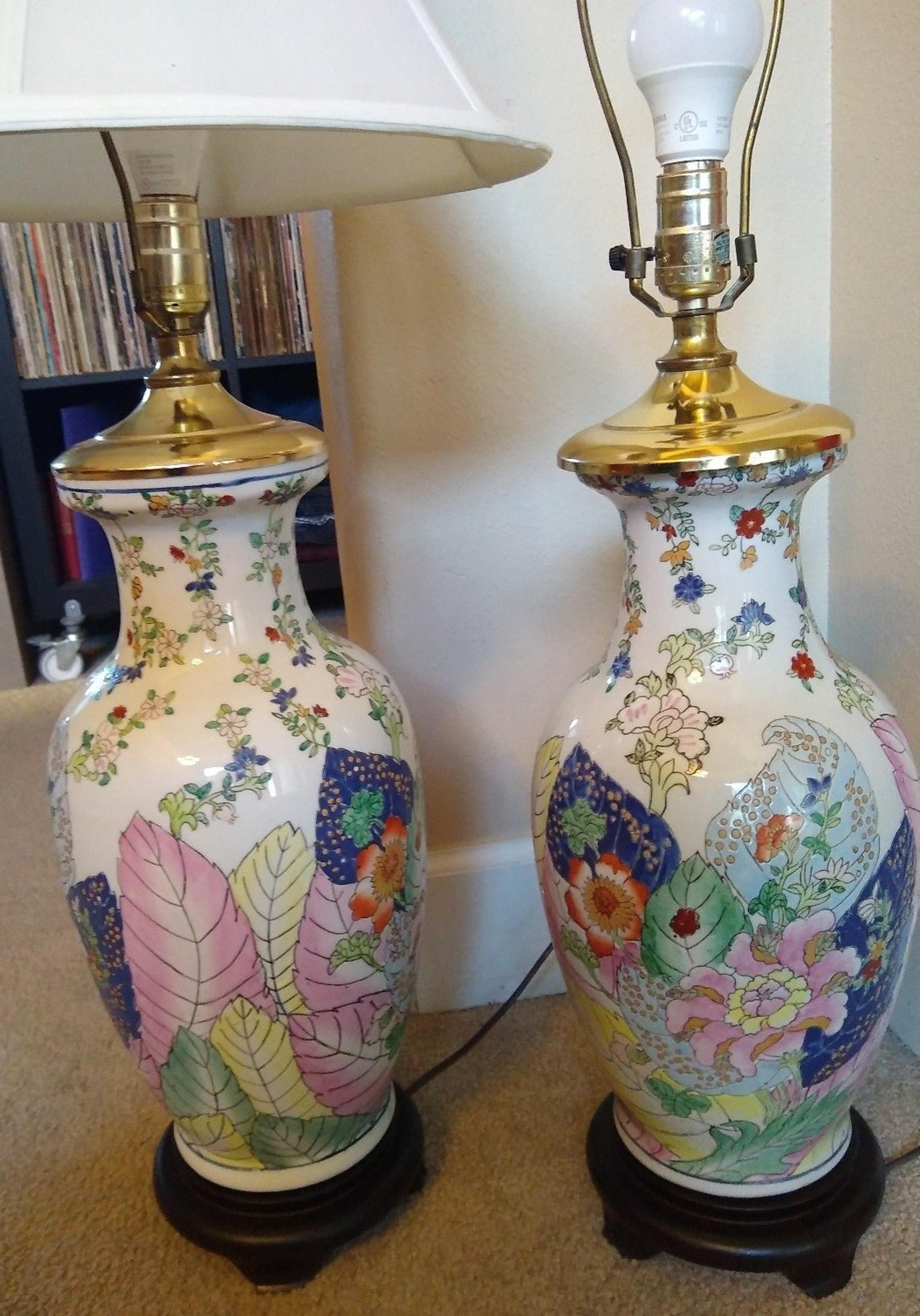 2x vintage tobacco leaf Chinese hand painted porcelain lamps