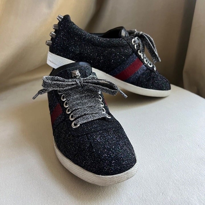 Authenticated Gucci Bambi Web Glitter Stud Black Silver Sneaker Size 36