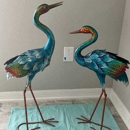 2 Garden Crane Statues Outdoor, Standing Blue Heron Decoy Sculptures, Metal Bird
