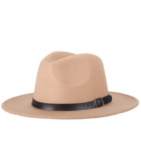 Unisex Fedora Brim Casual Beige Hat Woolen Cowboy Blend Cap Manhattan Belt Trim