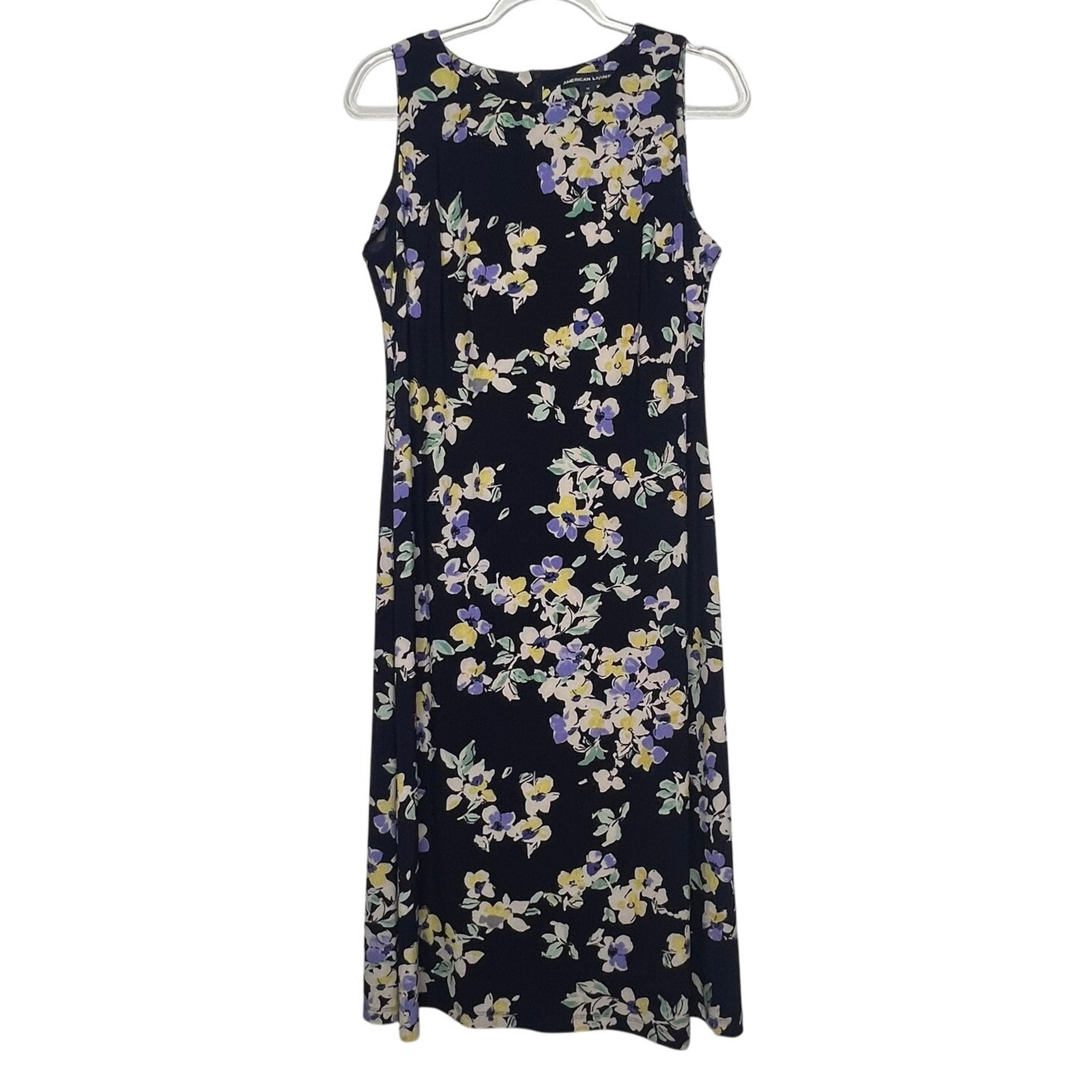 AMERICAN LIVING Floral Midi Dress Sleeveless Stretch Navy Multi Womens Size 14