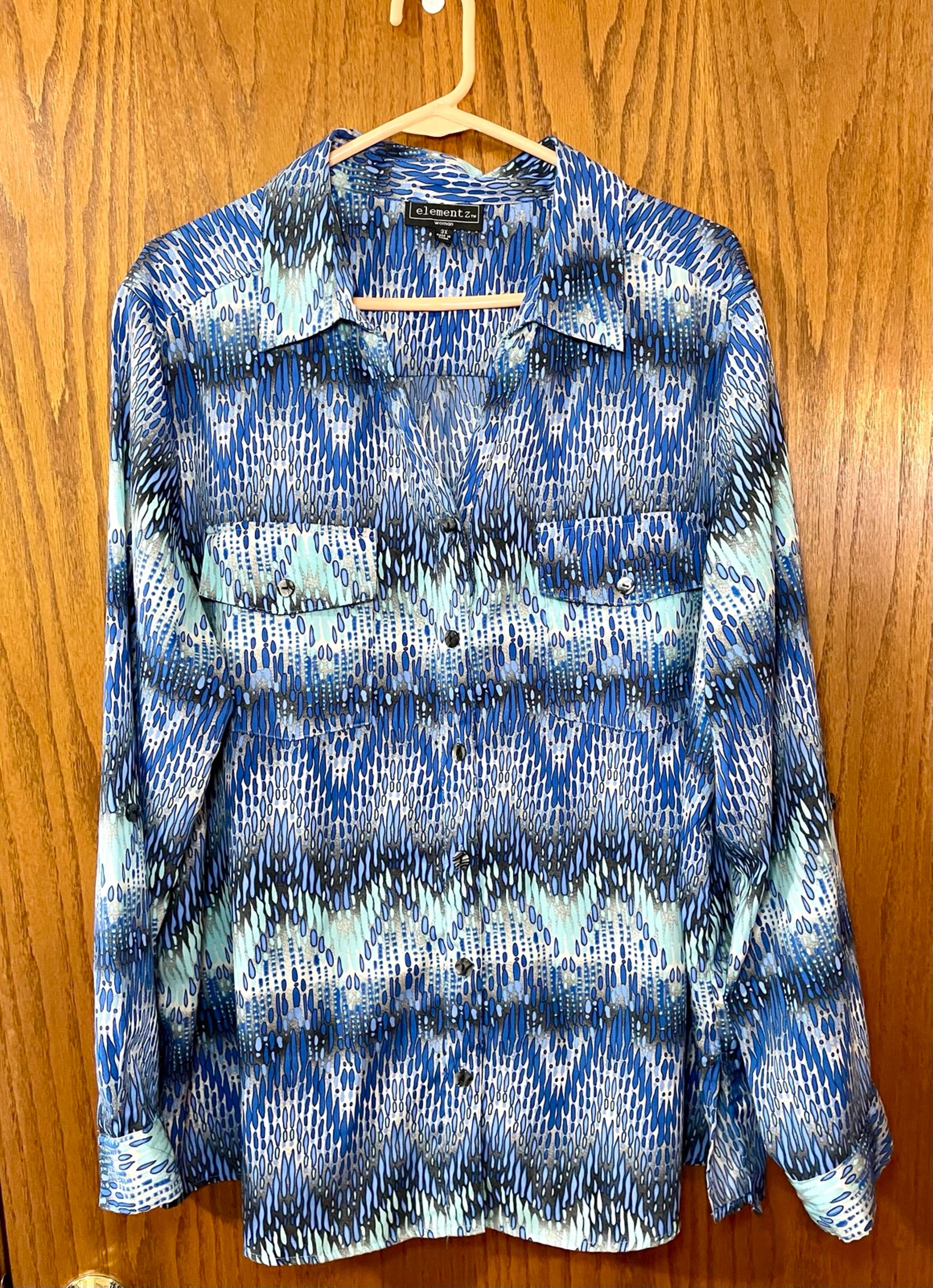 ELEMENTZ  Blouse Womens 3X Plus Shirt Blue Turquoise White Print Roll Tab Slv