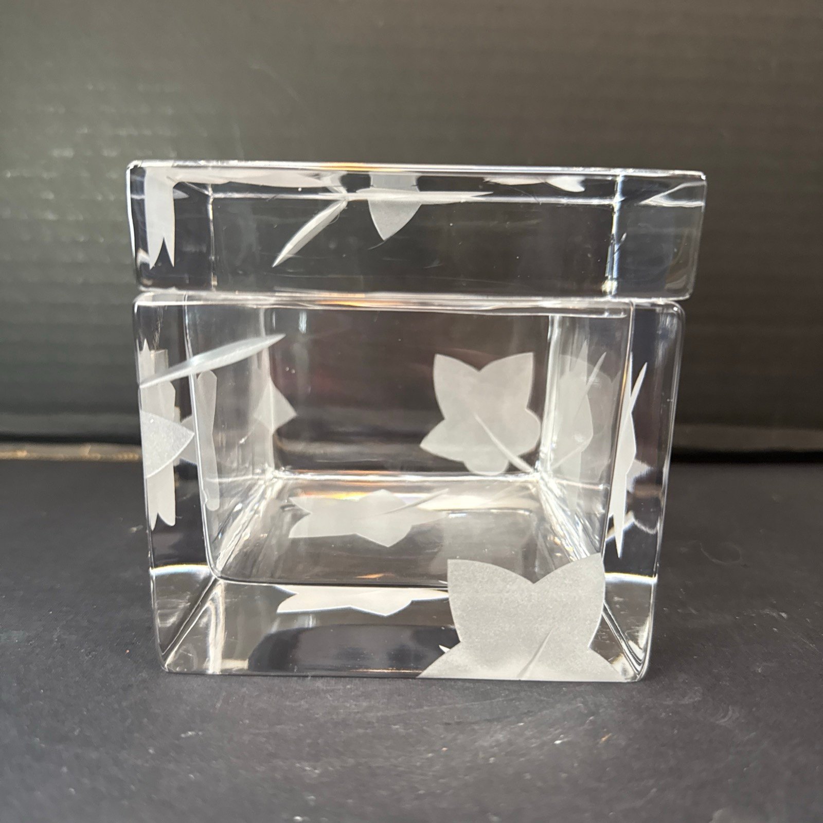 Crystal Square Dresser Trinket Box Etched Leaf 4” x 4”