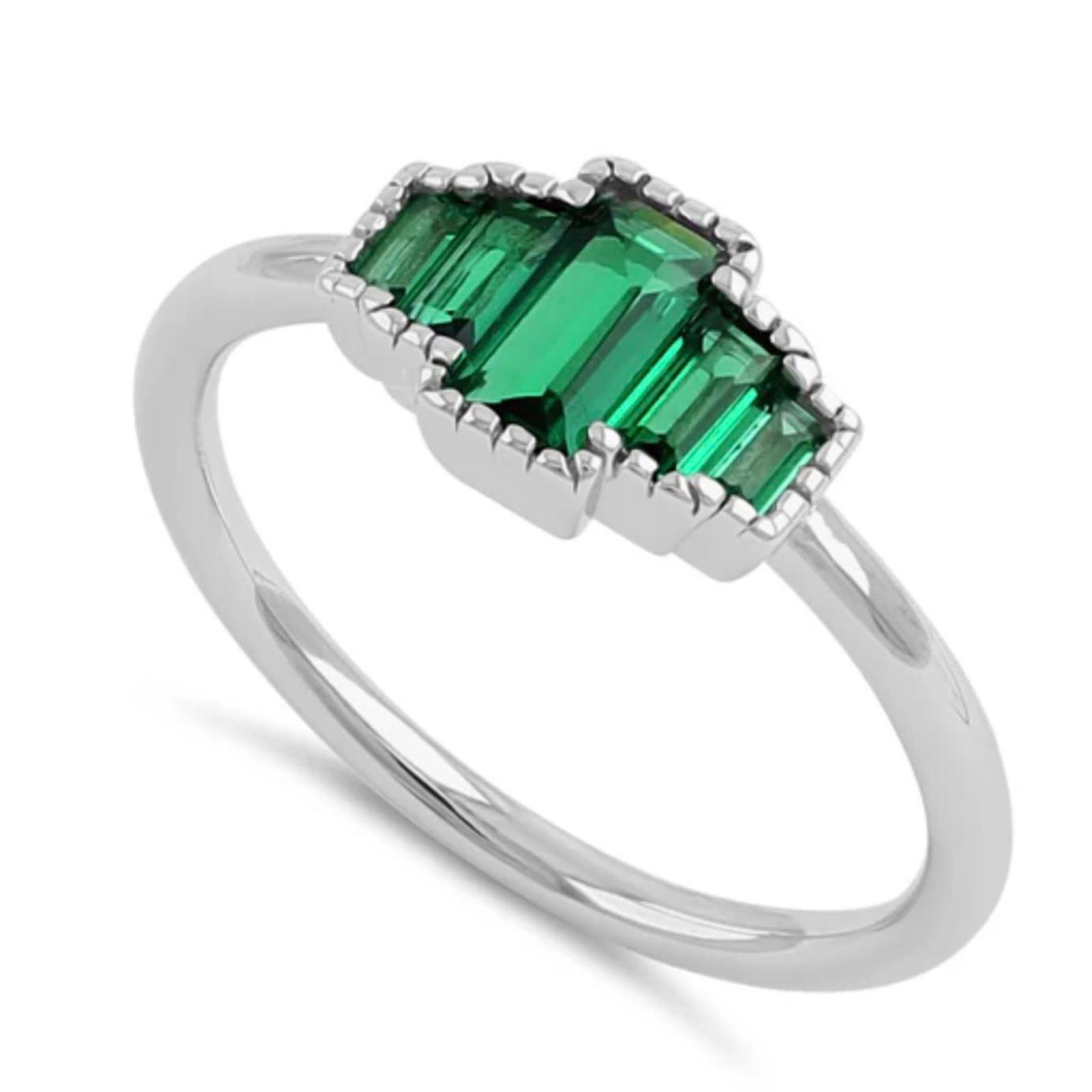 Sterling Silver Five Baguette Cut Emerald Green CZ Ring Size 6 New