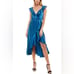Socialite Blue Satin Ruffle Faux Wrap Dress